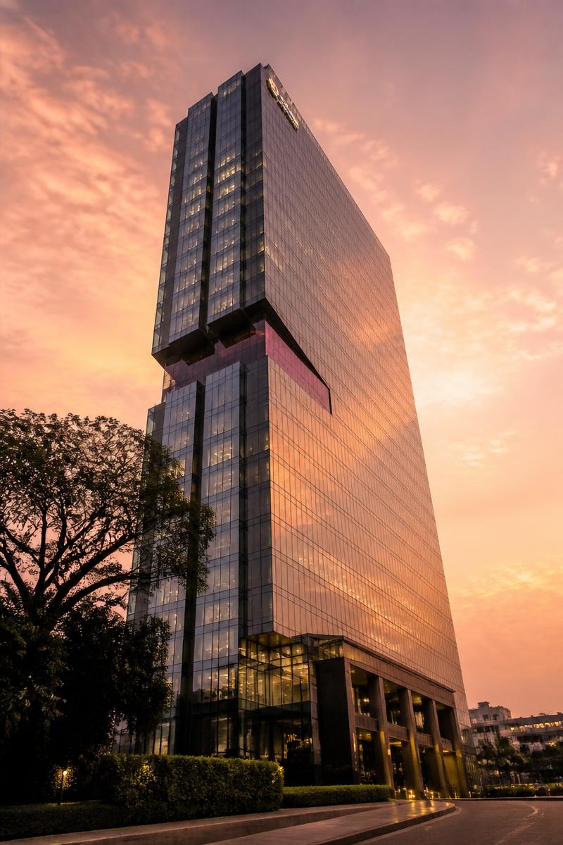Glass office tower in a major Indian business district at sunset